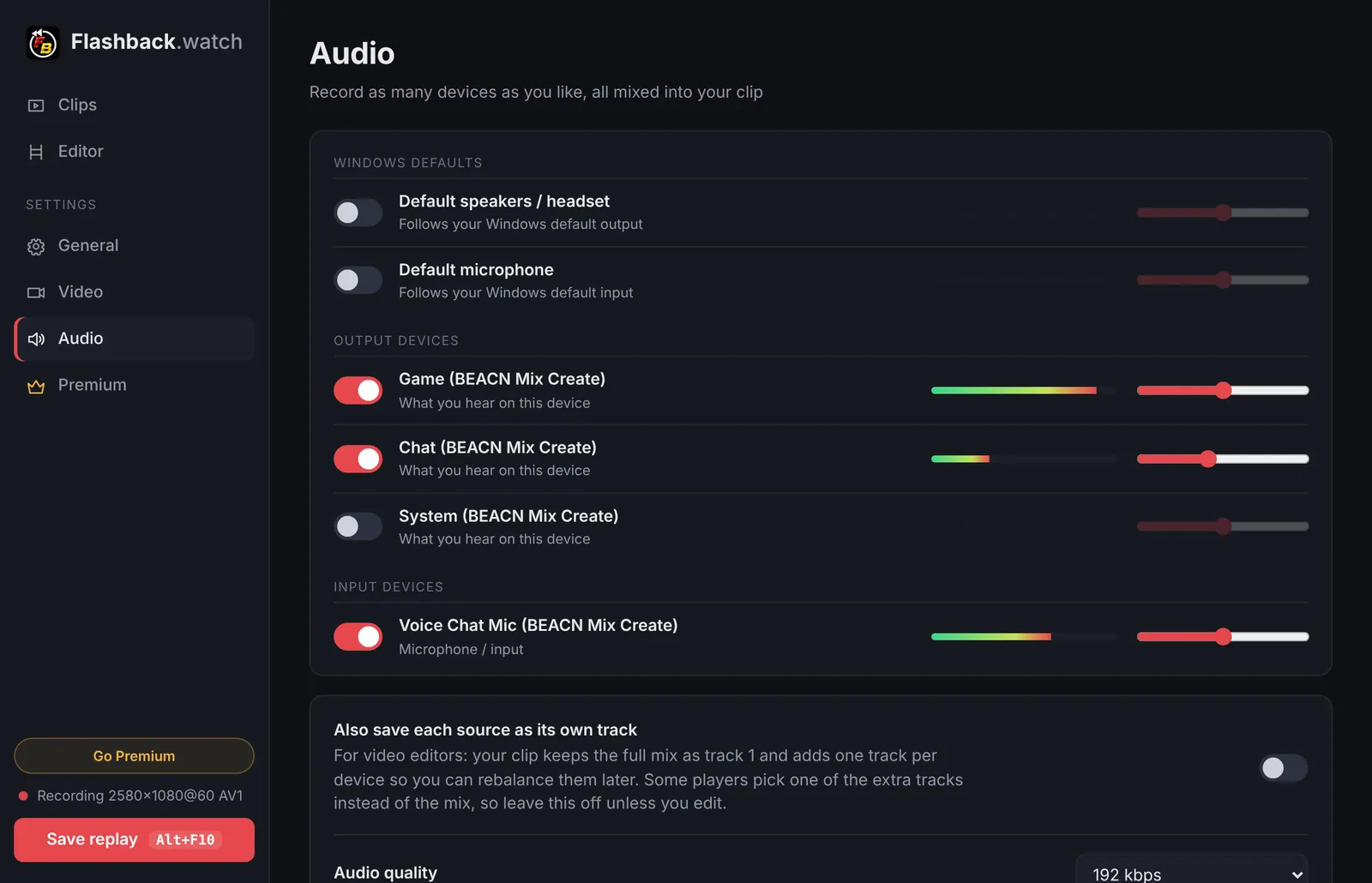 Audio settings with several output and input devices and live level meters