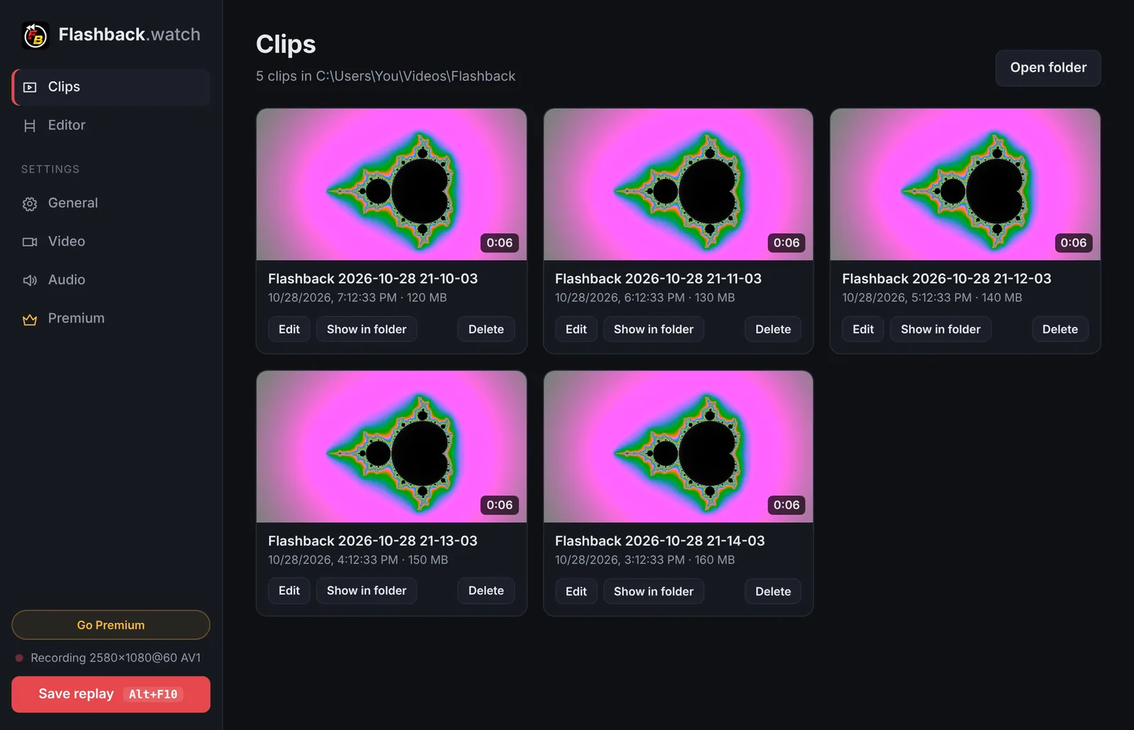 The Flashback.watch app showing a gallery of saved clips