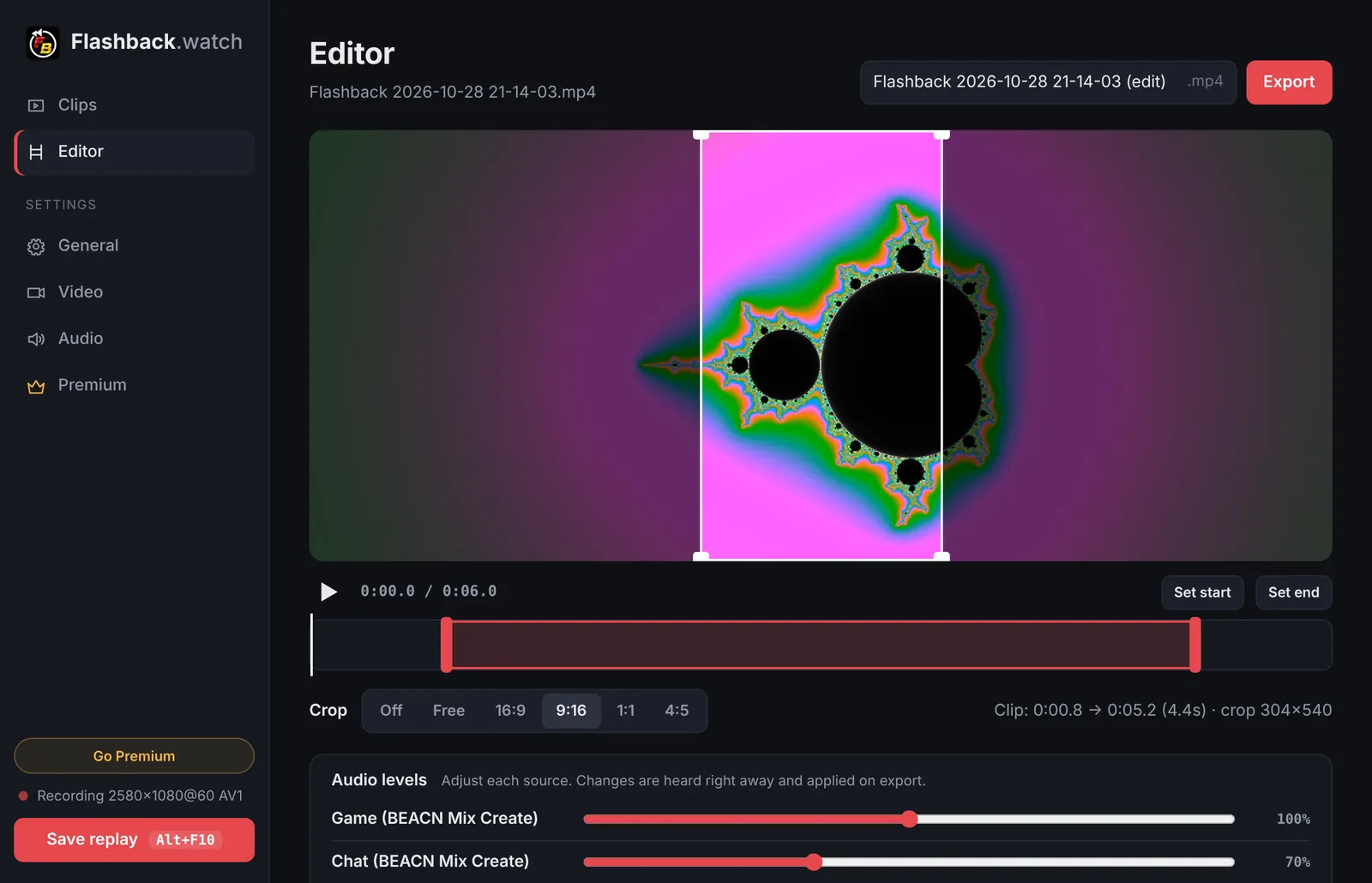 The clip editor with a 9:16 crop and trim handles